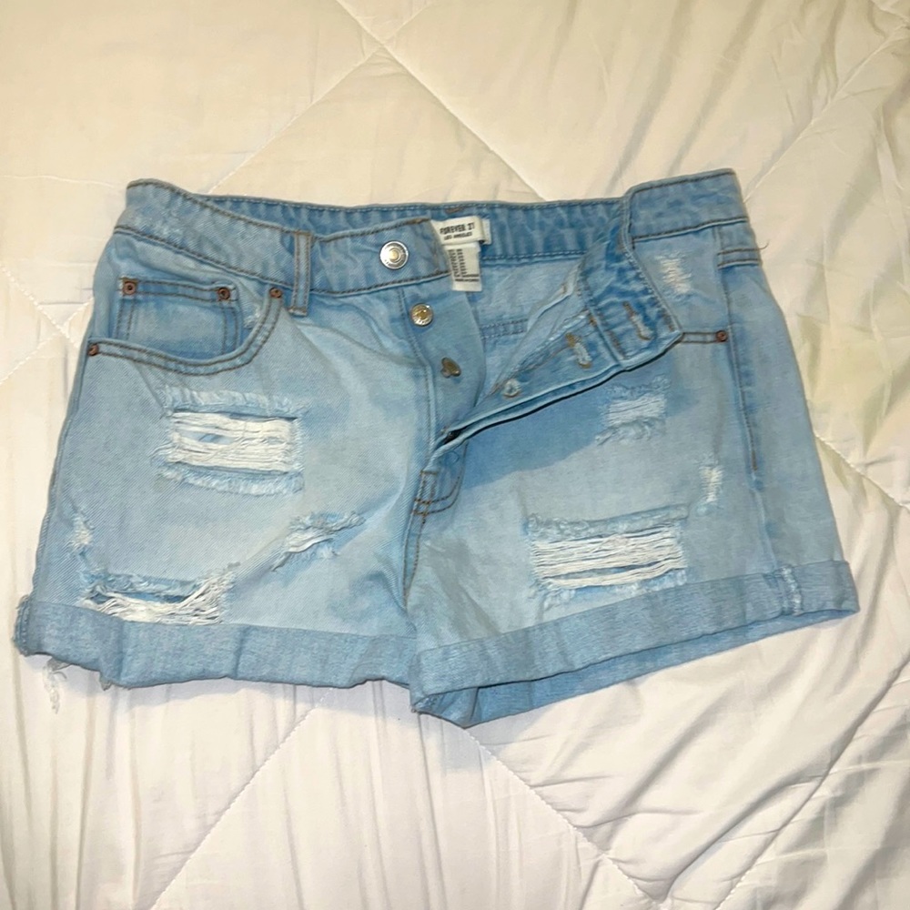 High rise distressed denim shorts